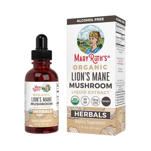MaryRuth’s Organic Lion’s Mane Liquid Extract: Amber dropper bottle, black cap, beige/white label; 1 fl oz.